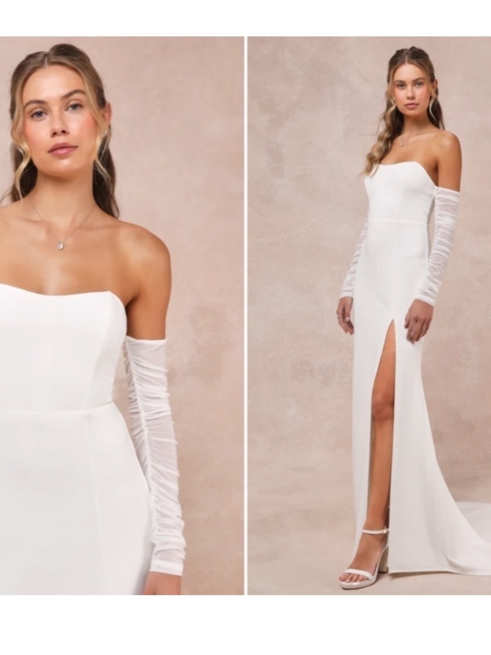 Elegant White Strapless Gown with Sheer Ruched Sleeves